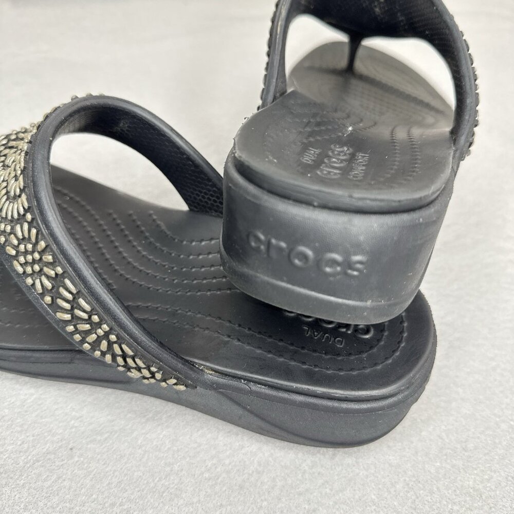 Crocs Wedge Sandals Black Monterey Diamante Womens Sz 7 Studded Platform Thong - Picture 7 of 10